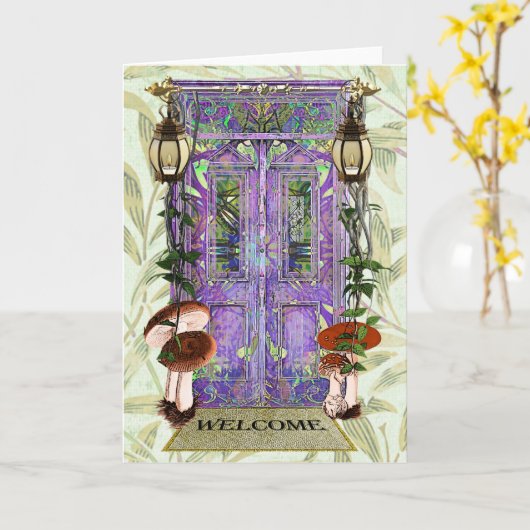 かわいい妖精のドアウェルカムマット引っ越し祝いパーティームービング カード (黄色い花)