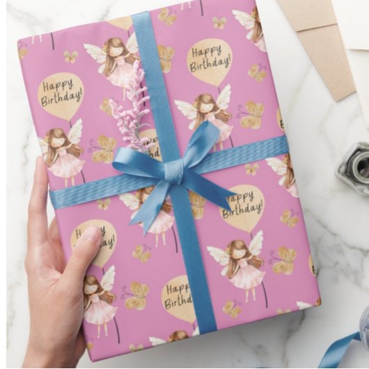 かわいい妖精のハッピーバースデーバルーン ラッピングペーパー