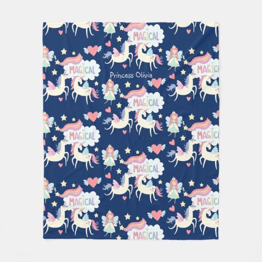 かわいい妖精のプリンセスと一角獣の子どもたち フリースブランケット (正面)