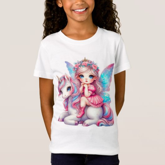 かわいい妖精の女の子とユニコーン Tシャツ (正面)
