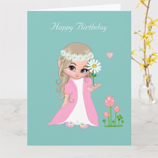 かわいい妖精の女の子と花のライトブルーの誕生日 カード (黄色い花)