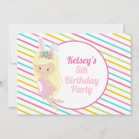 かわいい妖精の女の子イースターピンクストライプのの誕生日パーティー 招待状 (正面)
