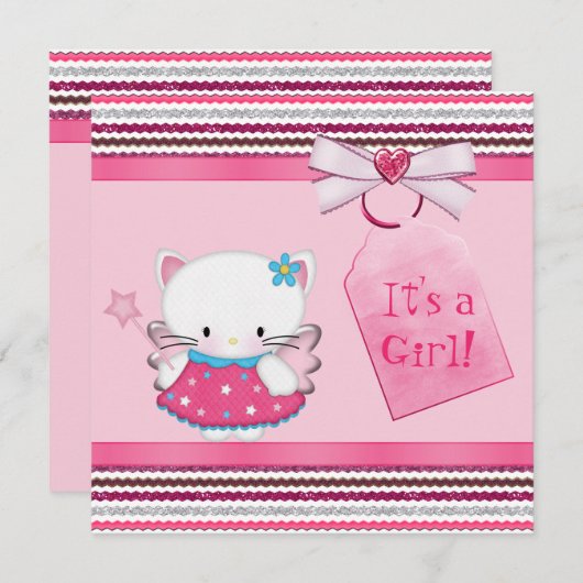 かわいい妖精の子猫のピンクのベビーシャワー 招待状 (正面/裏面)