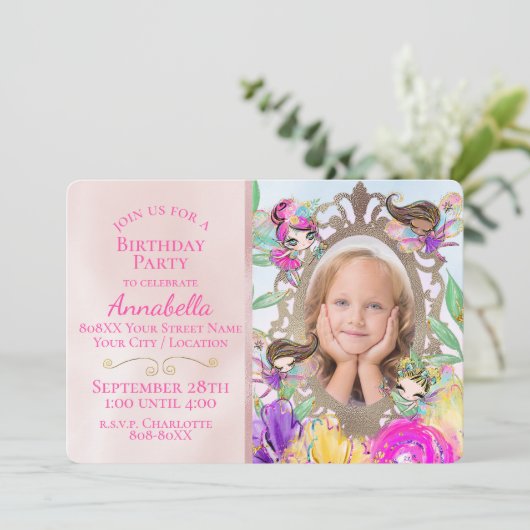 かわいい妖精の庭と妖精の写真カスタム付き 招待状 (スタンド正面)