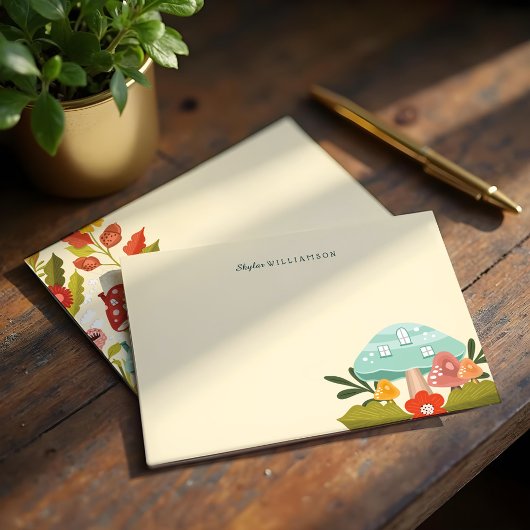 かわいい妖精の庭の秋のリースキノコ&カボチャ ノートカード