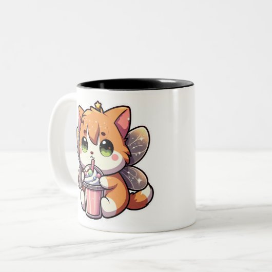 かわいい妖精の猫ミルクシェイクを飲む ツートーンマグカップ (正面左)