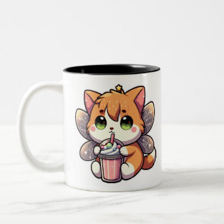 かわいい妖精の猫ミルクシェイクを飲む ツートーンマグカップ