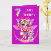 かわいい妖精の7歳の誕生日虹のアニメ魔法 カード (黄色い花)