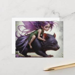 かわいい妖精はタスマニアの悪魔のファンタジーアートに乗る ポストカード