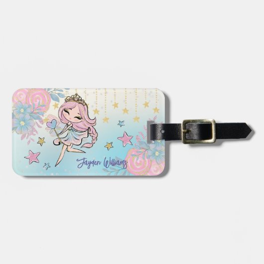 かわいい妖精ピンクの女の子名前をカスタムするキッズ ラゲッジタグ (正面横)
