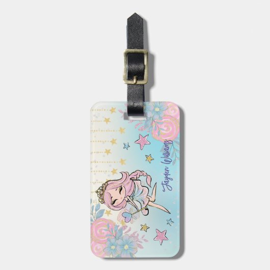 かわいい妖精ピンクの女の子名前をカスタムするキッズ ラゲッジタグ (正面縦)
