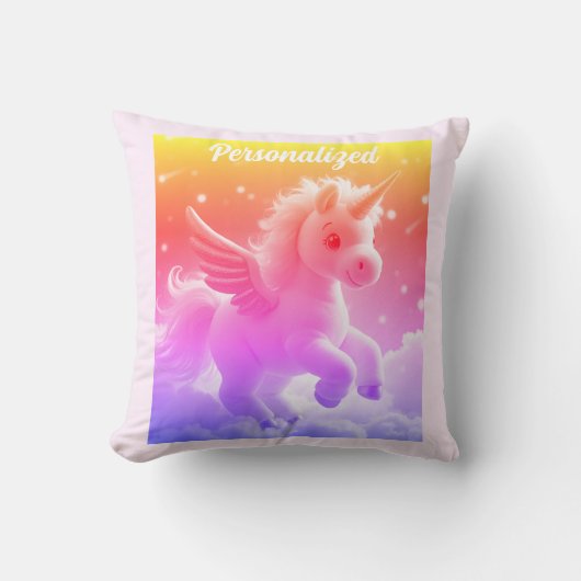 かわいい妖精ベビーユニコーンピンクきらめくファンタジー クッション (正面)