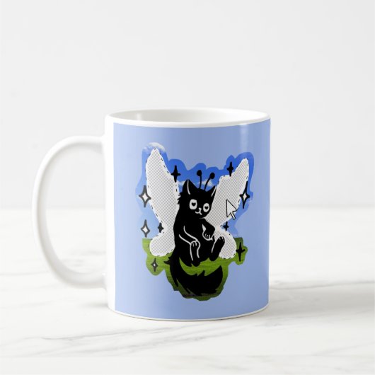 かわいい妖精猫 黒猫 幻想的な青いコンピュータ コーヒーマグカップ (左)