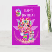 かわいい妖精9歳の誕生日の虹のアニメ魔法 カード (正面)