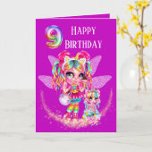 かわいい妖精9歳の誕生日の虹のアニメ魔法 カード (黄色い花)