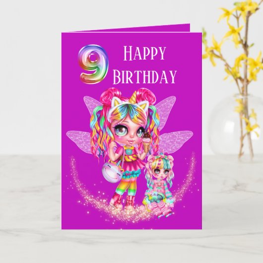 かわいい妖精9歳の誕生日の虹のアニメ魔法 カード (黄色い花)