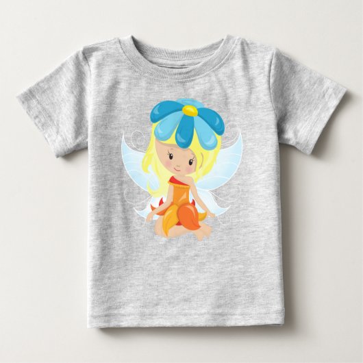 かわいい妖精、魔法妖精、金髪、花 ベビーTシャツ (正面)
