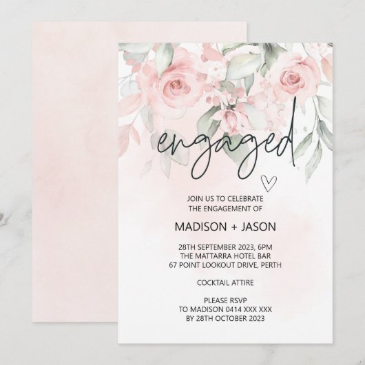 かわいい婚約パーティー ブルッシュピンク 花 招待状 (正面/裏面)