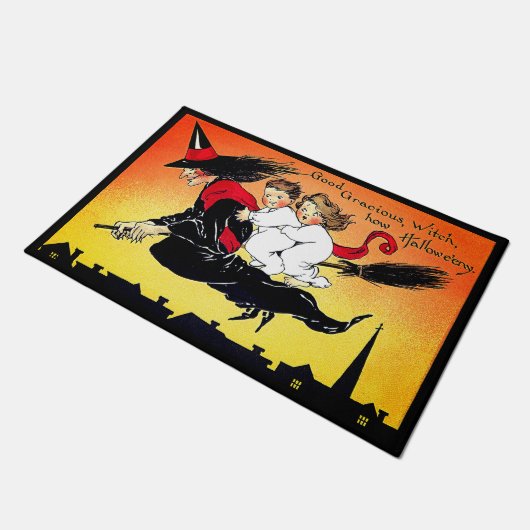 かわいい子どもたちと一緒に箒に咲くハロウィーンの魔女 ドアマット (アングル)