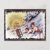 かわいい子どもたち雪の日そり ポストカード (正面)