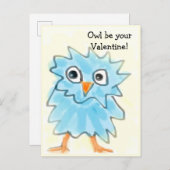 かわいい子どもっぽい青い水色フクロウのバレンタイン ポストカード (正面/裏面)