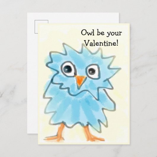 かわいい子どもっぽい青い水色フクロウのバレンタイン ポストカード (正面/裏面)