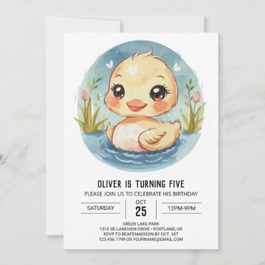 かわいい子どものアヒル誕生日 招待状 (正面)