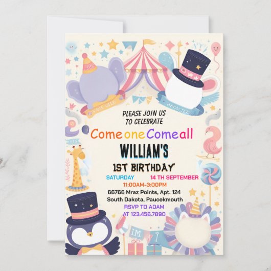 かわいい子どもカーニバルサーカスショー1st誕生日 招待状 (正面)
