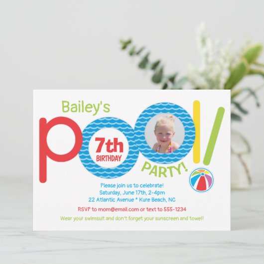かわいい子どもプールパーティー誕生会の写真 招待状 (スタンド正面)