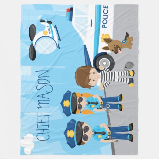 かわいい子ども漫画の警官（ファーストネーム） フリースブランケット (正面)