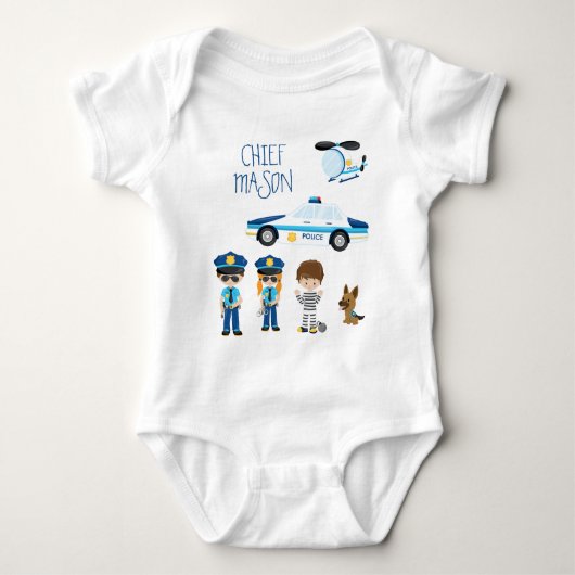 かわいい子ども漫画の警官（ファーストネーム） ベビーボディスーツ (正面)