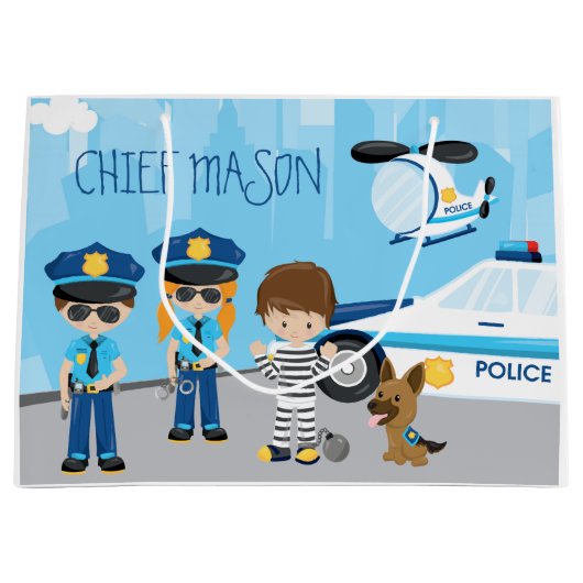 かわいい子ども漫画の警官（ファーストネーム） ラージペーパーバッグ (正面)