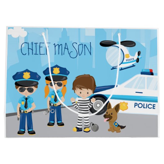 かわいい子ども漫画の警官（ファーストネーム） ラージペーパーバッグ (裏面)