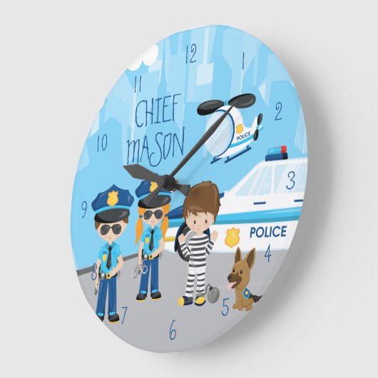 かわいい子ども漫画の警官(ファーストネーム) ラージ壁時計 (傾斜)