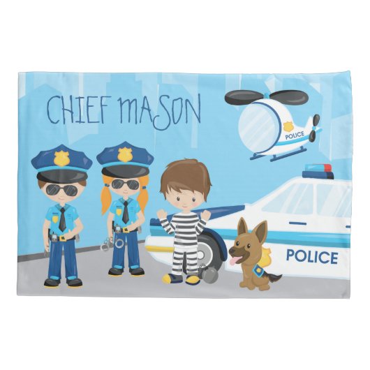 かわいい子ども漫画の警官（ファーストネーム） 枕カバー (裏面)