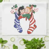 かわいい子ども連れのヴィンテージクリスマスストッキング キッチンタオル (折り畳み)