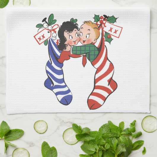 かわいい子ども連れのヴィンテージクリスマスストッキング キッチンタオル (折り畳み)