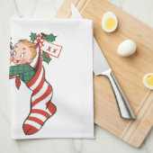 かわいい子ども連れのヴィンテージクリスマスストッキング キッチンタオル (四つ折り)