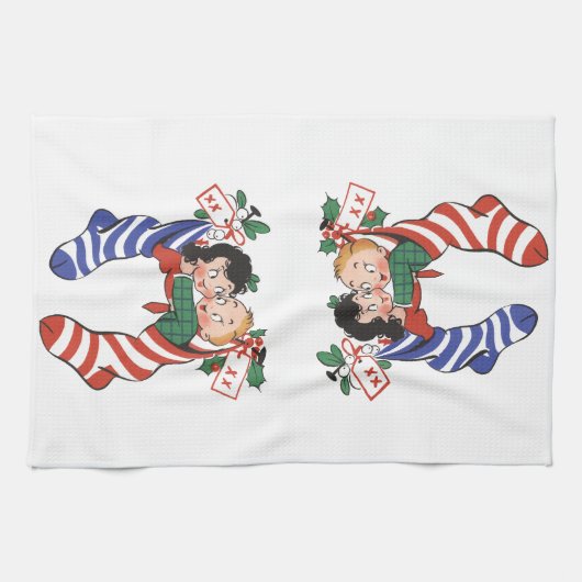 かわいい子ども連れのヴィンテージクリスマスストッキング キッチンタオル (横)