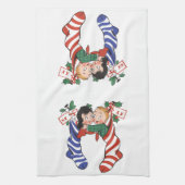 かわいい子ども連れのヴィンテージクリスマスストッキング キッチンタオル (縦)