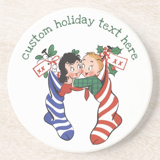 かわいい子ども連れのヴィンテージクリスマスストッキング コースター (正面)