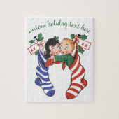 かわいい子ども連れのヴィンテージクリスマスストッキング ジグソーパズル (縦)