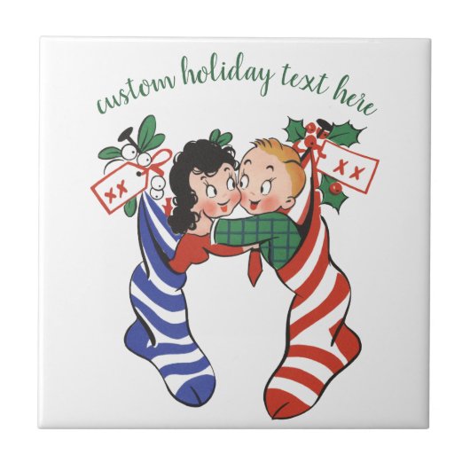 かわいい子ども連れのヴィンテージクリスマスストッキング タイル (正面)