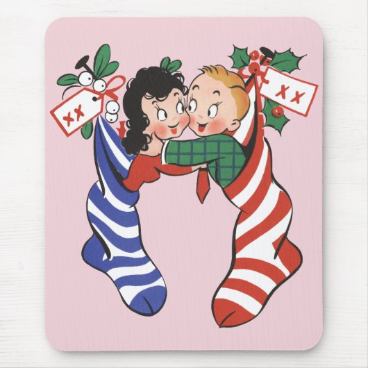 かわいい子ども連れのヴィンテージクリスマスストッキング マウスパッド (正面)