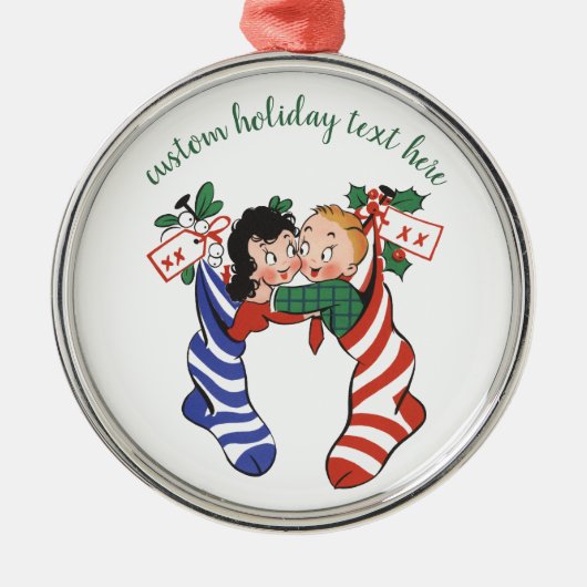 かわいい子ども連れのヴィンテージクリスマスストッキング メタルオーナメント (正面)