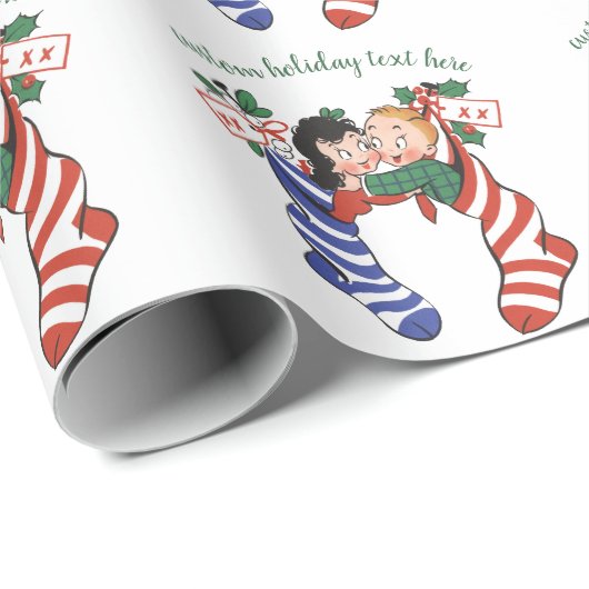 かわいい子ども連れのヴィンテージクリスマスストッキング ラッピングペーパー (ロールコーナー)