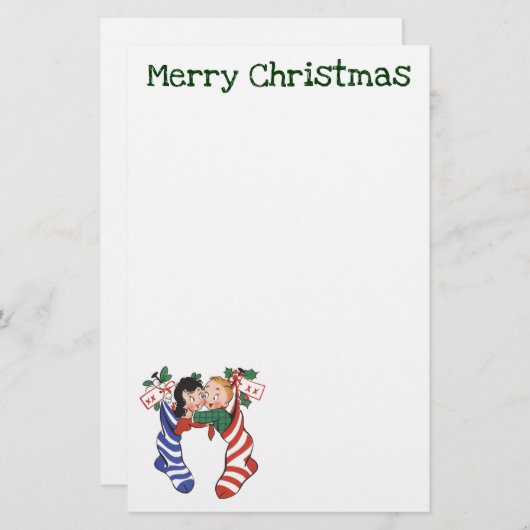 かわいい子ども連れのヴィンテージクリスマスストッキング 便箋 (正面/裏面)
