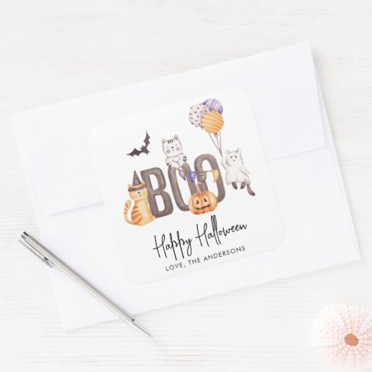 かわいい子のハッピーハローウィン猫たち幽霊たちカボチャ スクエアシール (封筒)