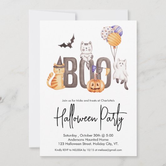 かわいい子のハローウィンパーティ猫たち幽霊たちカボチャ 招待状 (正面)