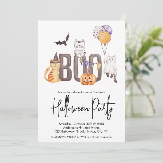 かわいい子のハローウィンパーティ猫たち幽霊たちカボチャ 招待状 (スタンド正面)